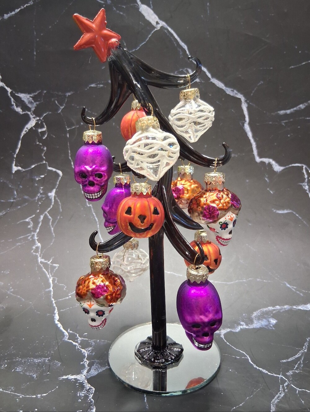 Halloween Tree 8" Slanted Blown Glass SUGAR SKULLS & Pumpkins with 12 Ornaments